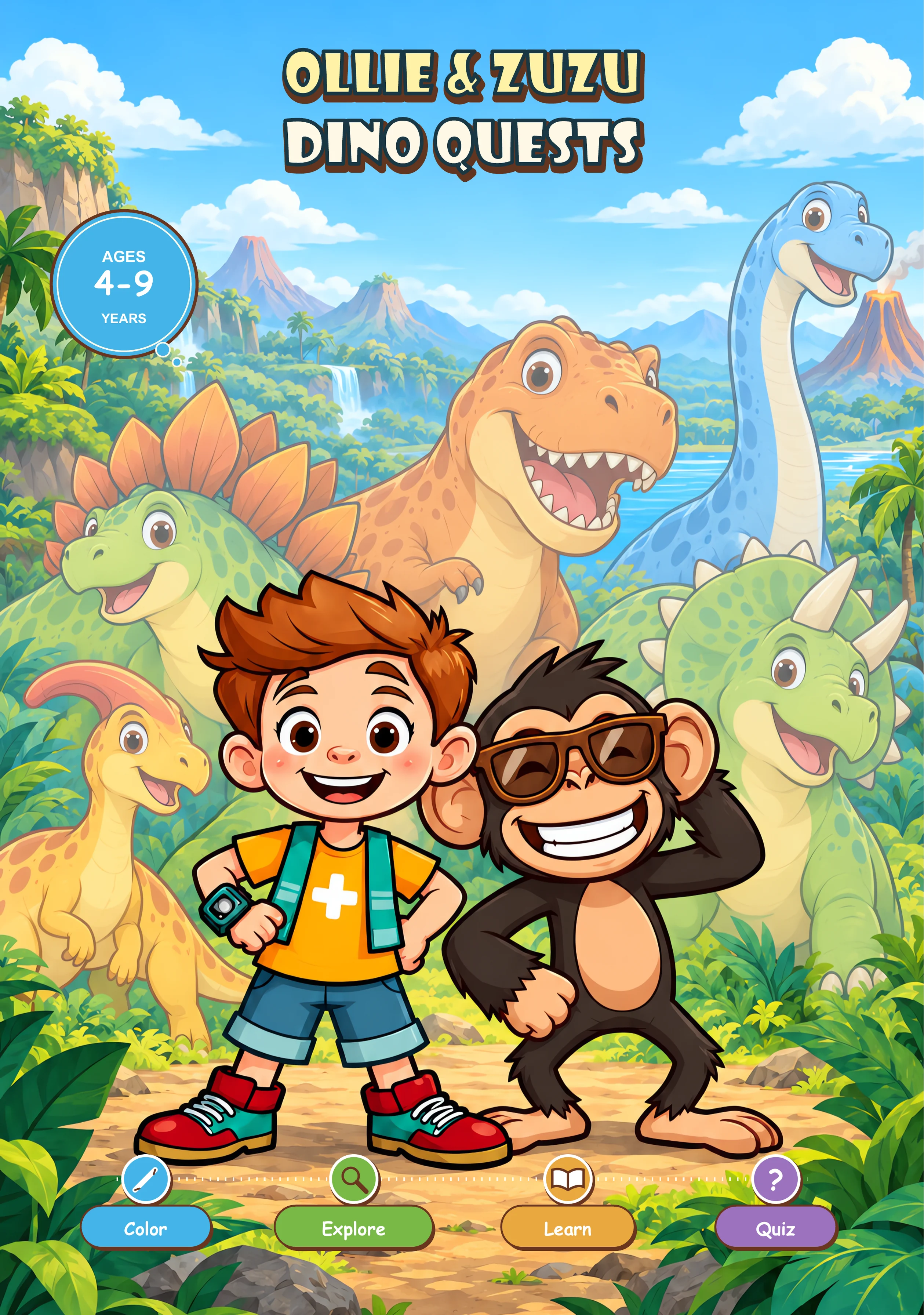 The real Ollie & Zuzu: Dino Quests cover, featuring Ollie, Zuzu, and friendly dinosaurs
