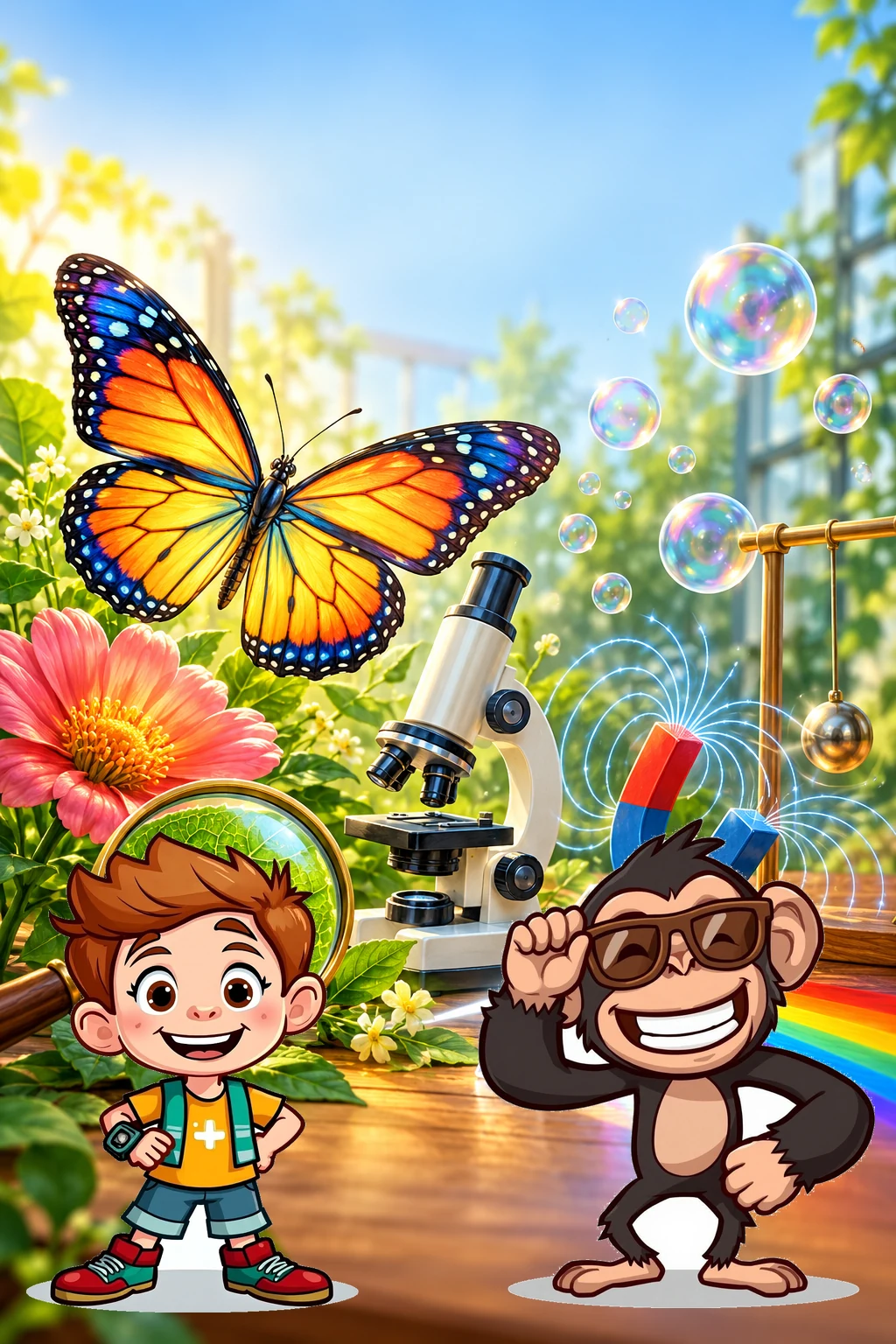 Ollie and Zuzu in their established outfits explore biology and physics