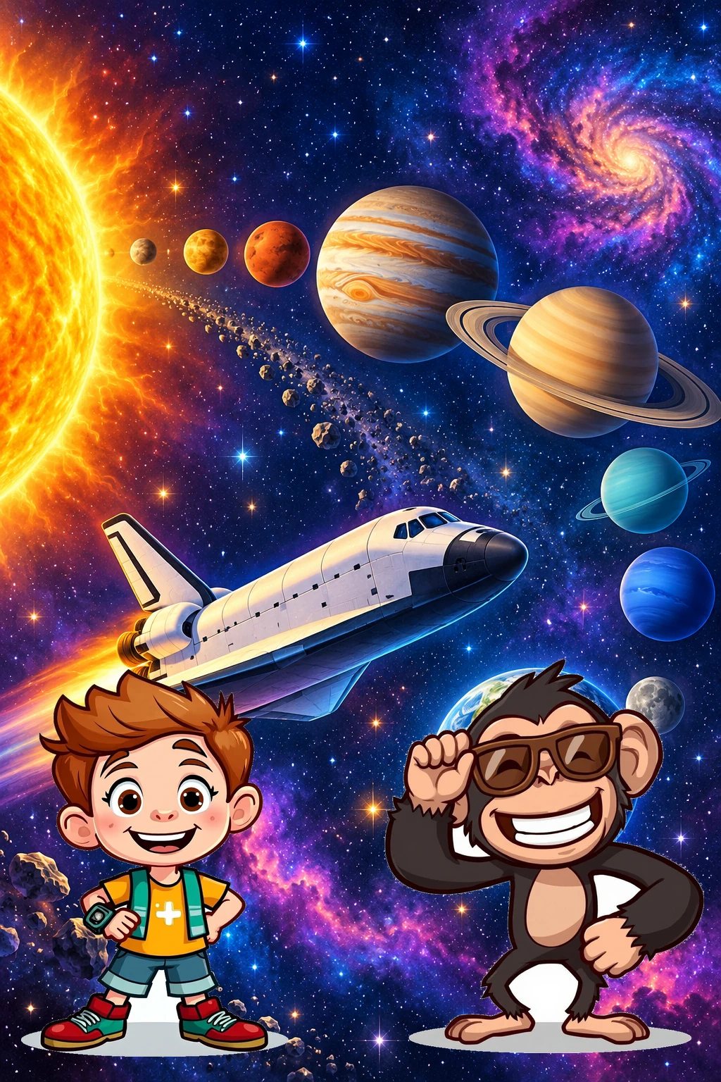 Ollie and Zuzu in their established outfits explore a space shuttle and solar system